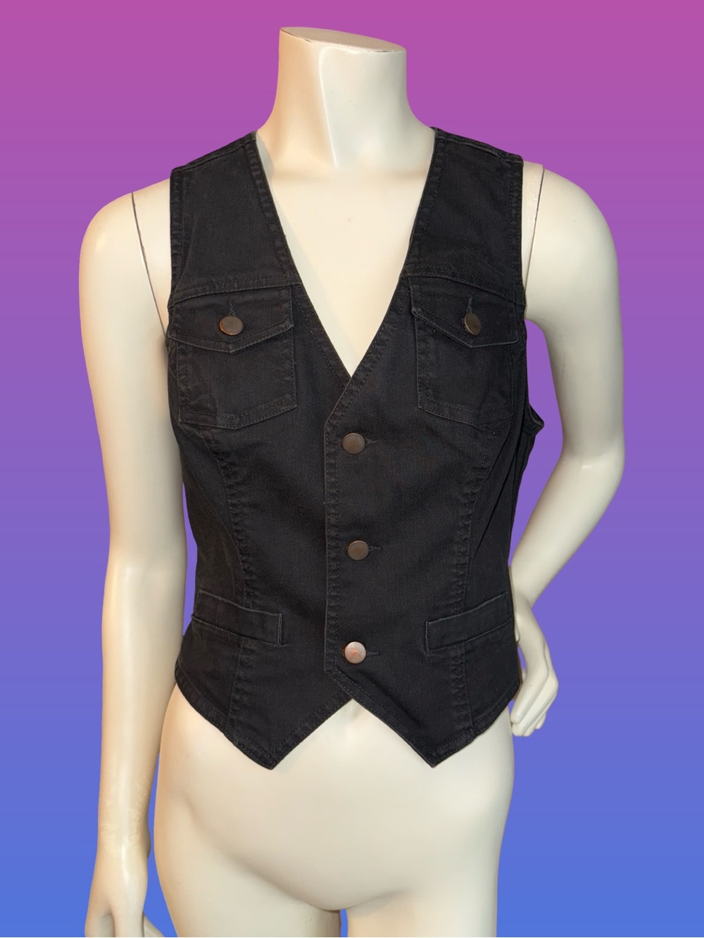 Vintage Jordache Black Denim Vest V-Neck Western Button Front Cropped Boho M/L